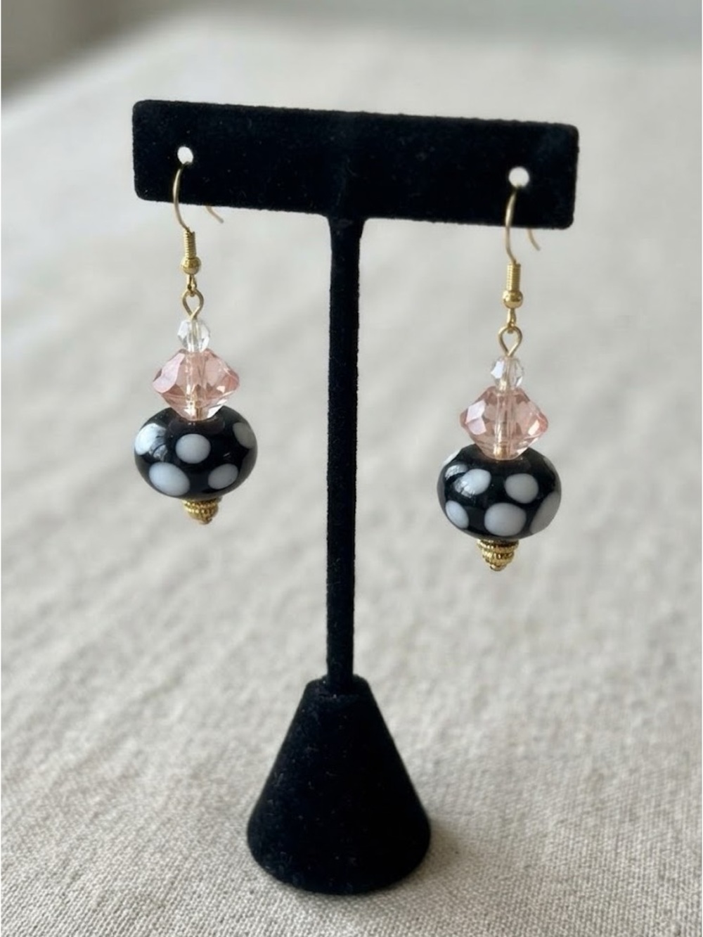 Handmade Black Polka Dot Art Glass Bead Earrings 🧁